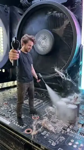 Creator demonstrating an air duster