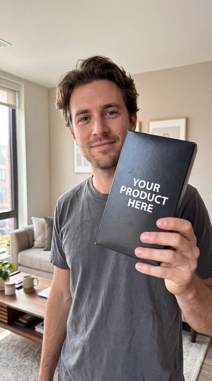 Man holding a black YOUR PRODUCT HERE box in a living room