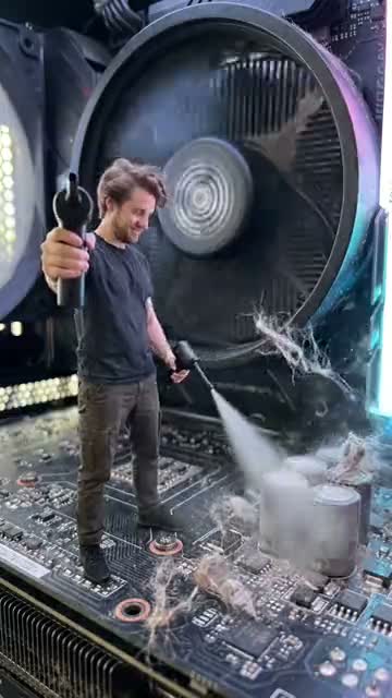 Creator demonstrating an air duster