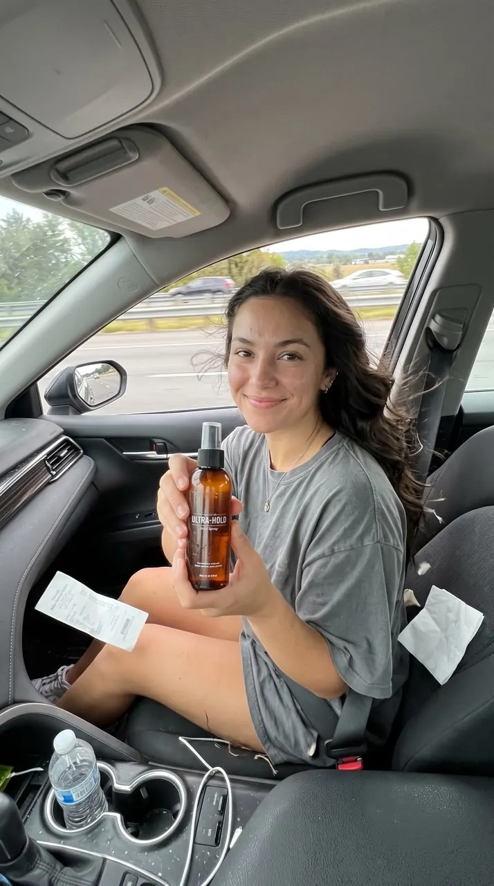 Woman holding a hair spray bottle in a car passenger seat